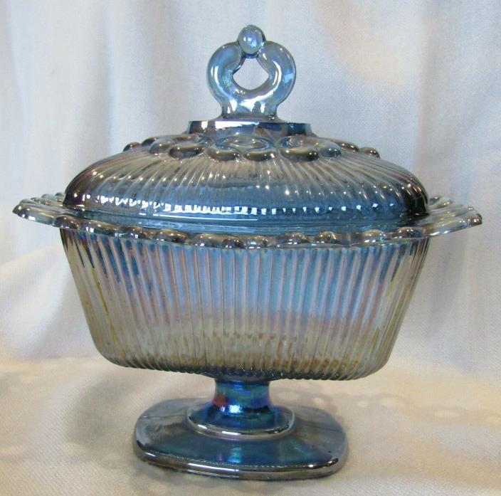 Vintage INDIANA Iridescent Blue Carnival Glass Candy Dish w/ Lid