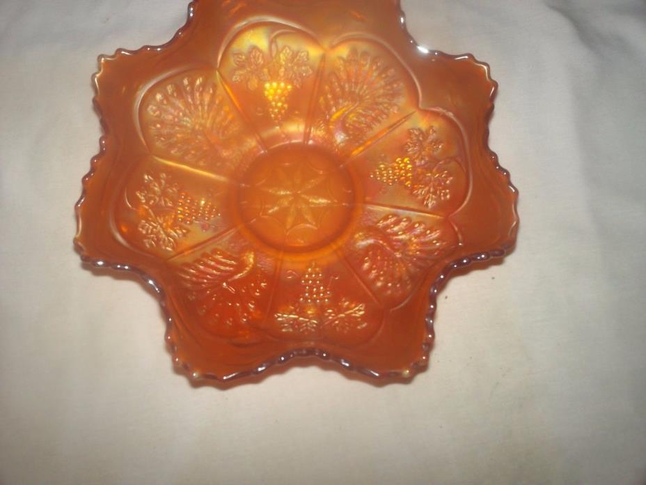 Vintage Scalloped/Ruffled Marigold Carnival Glass Dish W/Grapes & Peacocks