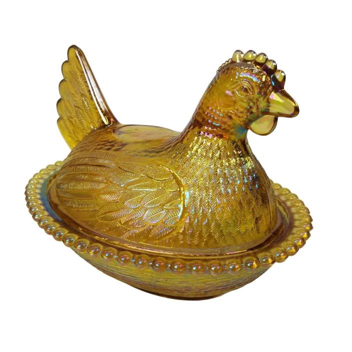 Vtg Indiana Iridescent AMBER Carnival Glass HEN Chicken Covered Candy Dish 7