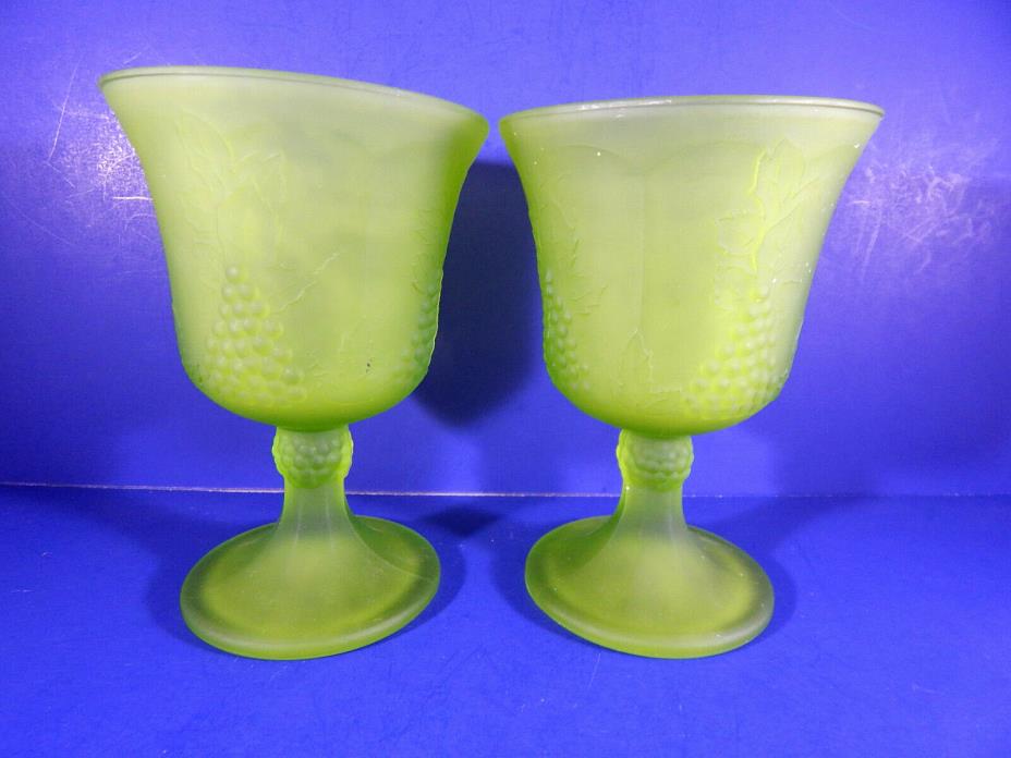 Vintage 2 Carnival Glass Frosted Green Goblets Glasses Grapes