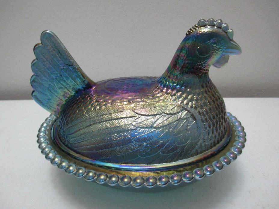 Vintage Indiana Glass Hen on Nest Covered Candy Dish Blue Carnival Glass 5