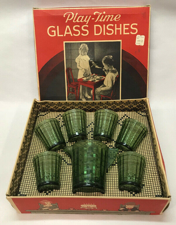 Play-Time Green Glass Water Set with box, Akro Agate Co