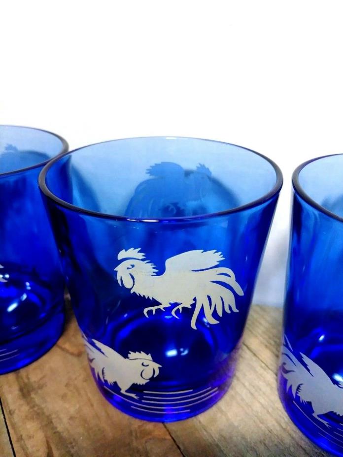4 Glass White Roosters Cobalt Blue Tumblers