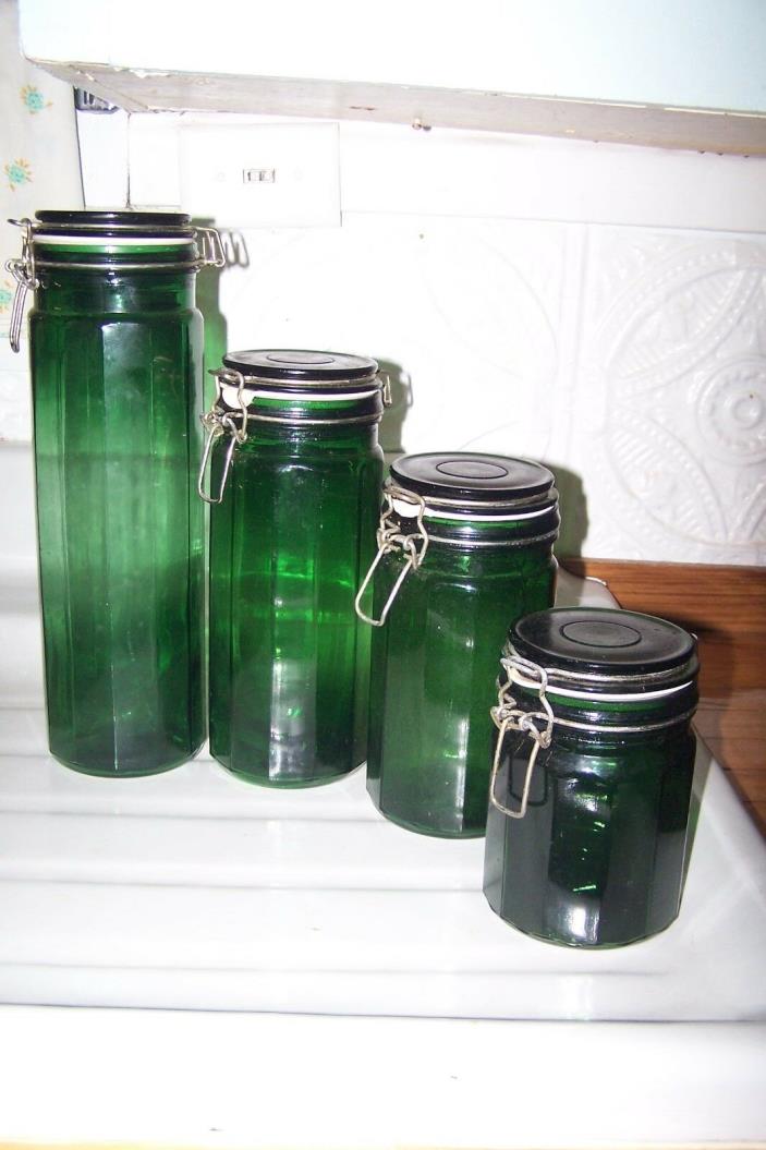 Set of 4 Jade Green Panel Glass Bale Wire Canisters