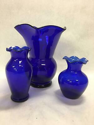 Lot of 3 Vintage Cobalt Blue Glass Ruffle Top Vases
