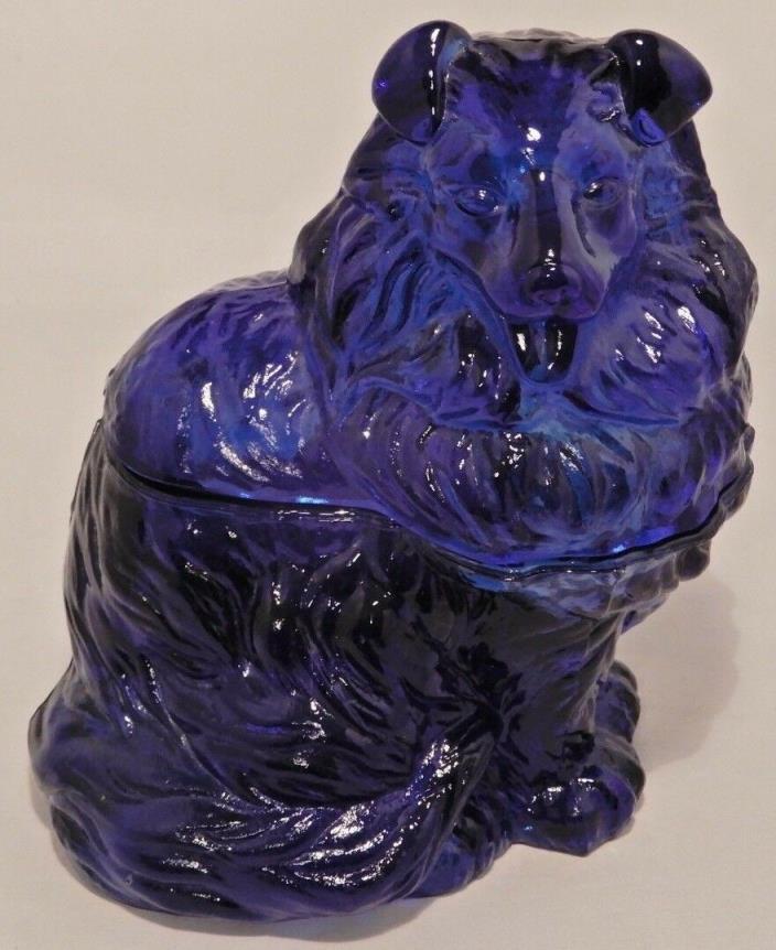 Vintage Cobalt Blue Glass Collie Dog Covered Candy Nut Dish