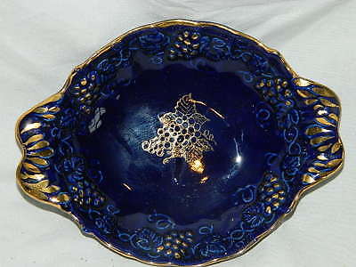 vintage Enesco Cobalt Blue & Gold nappy dish w/ handles Embossed Grape