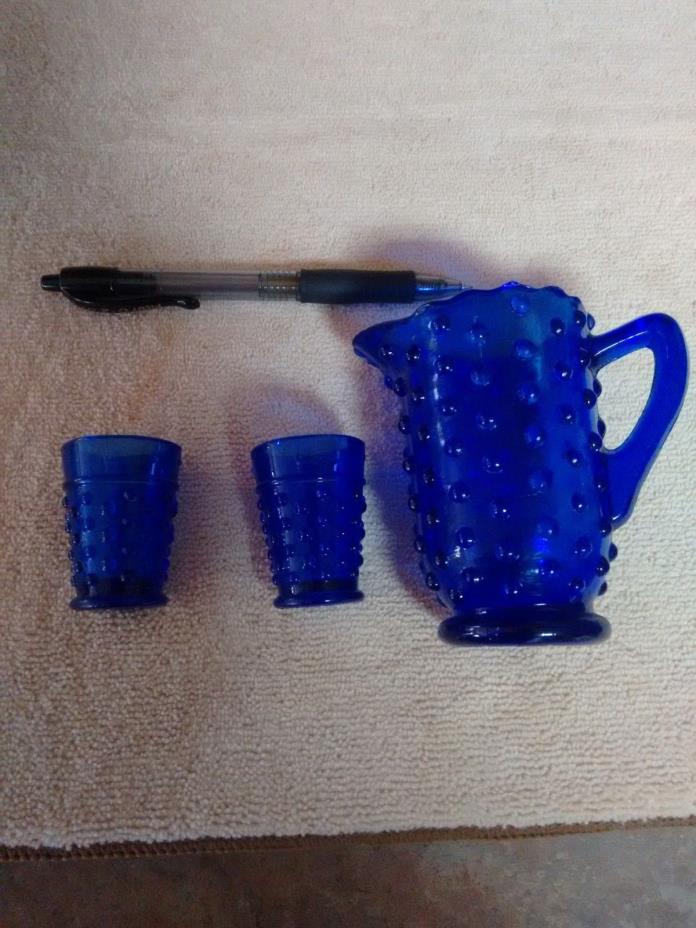 cobalt blue childrens juice set. pitcher and two glasses
