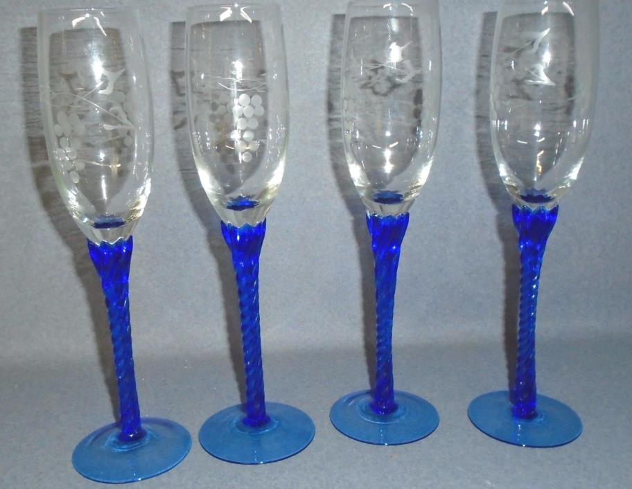 VTG Floral Etched bowl with Cobalt Blue Twist Stem- 4 fluted Wine glass 9-1/4
