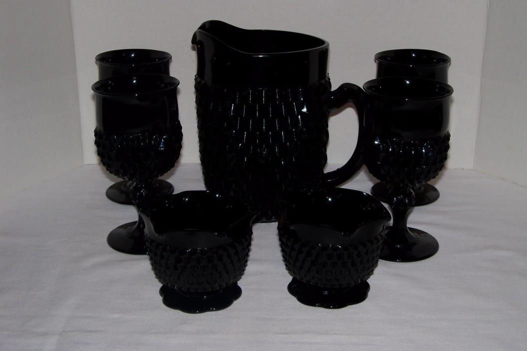 INDIANA / TIARA BLACK DIAMOND PITCHER, 4 GOBLETS and 2 CANDLE HOLDERS-EXCELLENT