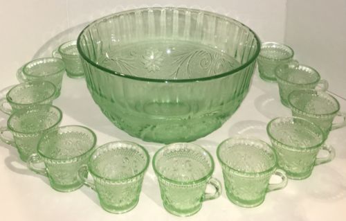 Tiara Sandwich Glass 13” Diameter Punch Bowl With 12 Cups - Excellent Condition!