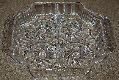 LEAD CRYSTAL CUT GLASS RELISH DISH, 2 HANDLES, 2 SECTIONS INVERTED CORNERS-L@@K