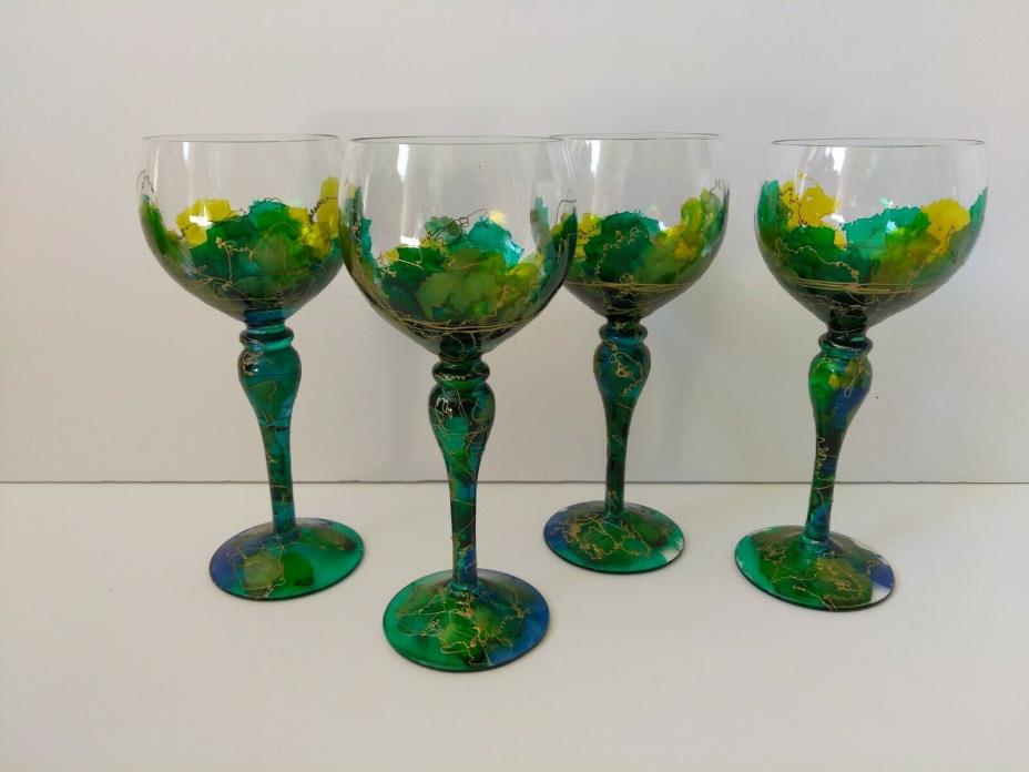 Vtg Royal Danube Hand Painted Romanian Crystal Wine Goblets Gold Swirl Set Of 4