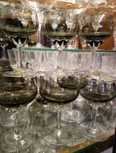Set 10 SASAKI CORONATION-SMOKE GRAY 4oz Crystal sherbet champagne glasses 4-1/4