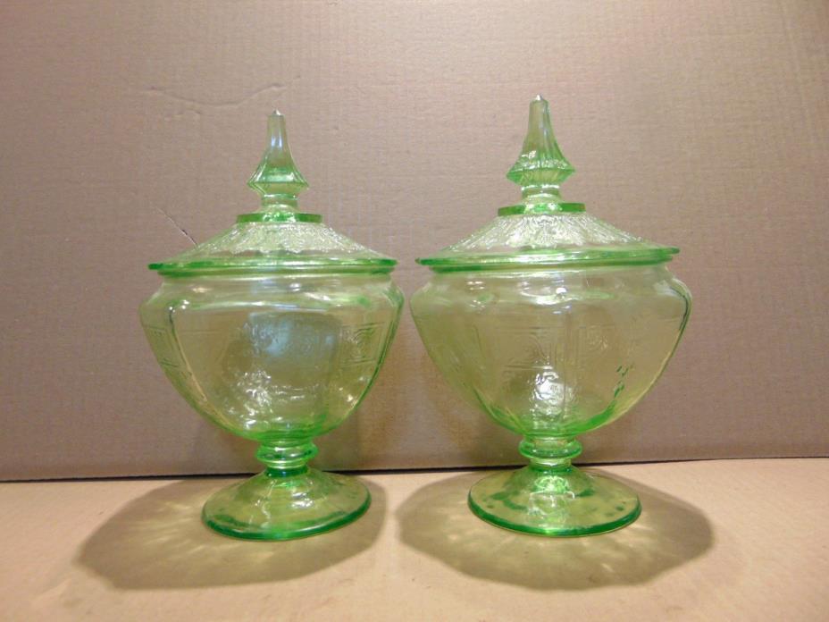 CANDY DISH - GREEN - PEDESTAL COVERED CANDY DISH SET - PRESSED GLASS