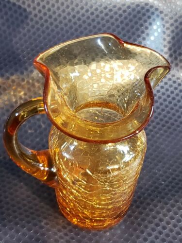 MID-CENTURY PILGRIM? BLOWN ART GLASS PITCHER VASE CRACKLE AMBER GOLD