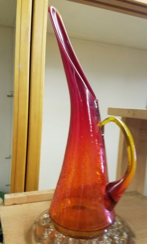 VINTAGE Red Amberina  Crackle Glass Large  Mid Century Modernist Pitcher