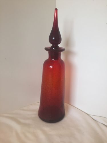 VINTAGE RAINBOW DECANTER RED CRACKLE GLASS WITH STOPPER HAND BLOWN