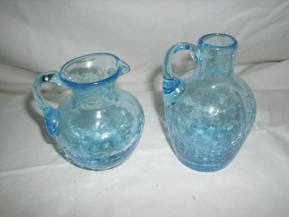 2 Vintage Small Light Blue Crackle Glass Pitchers