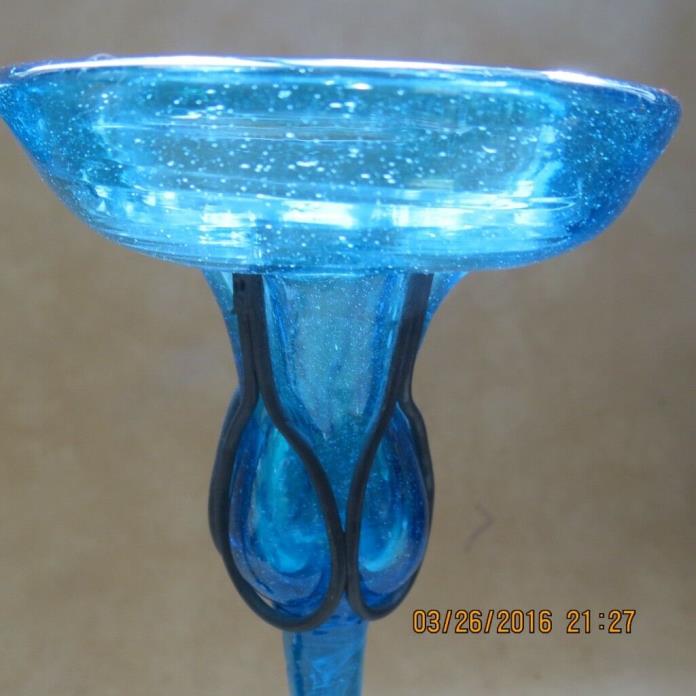 A Pair Of 10 1/2” Aqua Glass Hand Blown Candlestick Candle Holders MEXICO