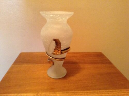 Vintage white satin crackle glass vase Silver overlay Art Nouveau