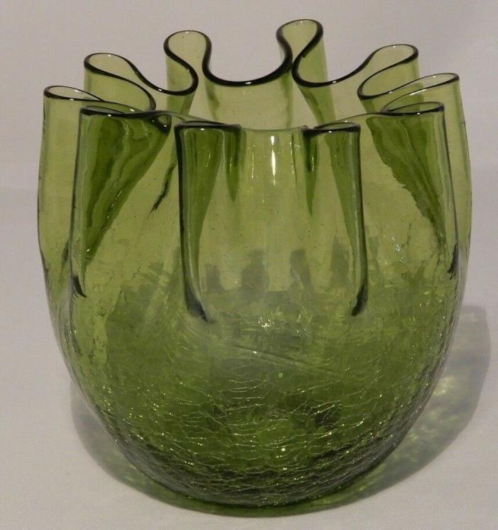 Green Crackle Glass Hand Blown Ribbon Handkerchief Bowl Vase