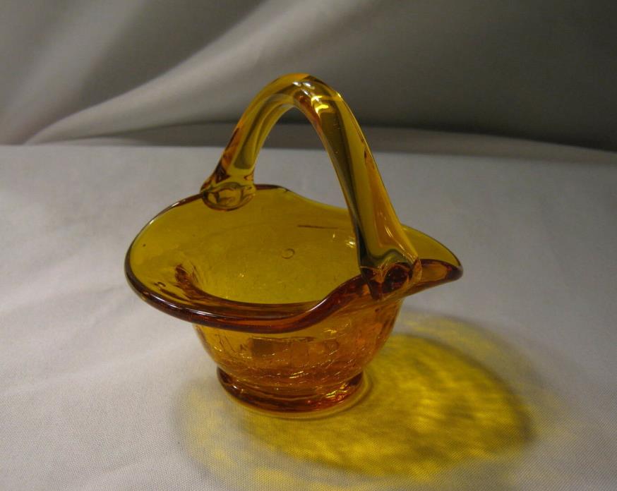 Vintage Amber Crackled Glass Miniature Handled Basket Toothpick Holder Unbranded