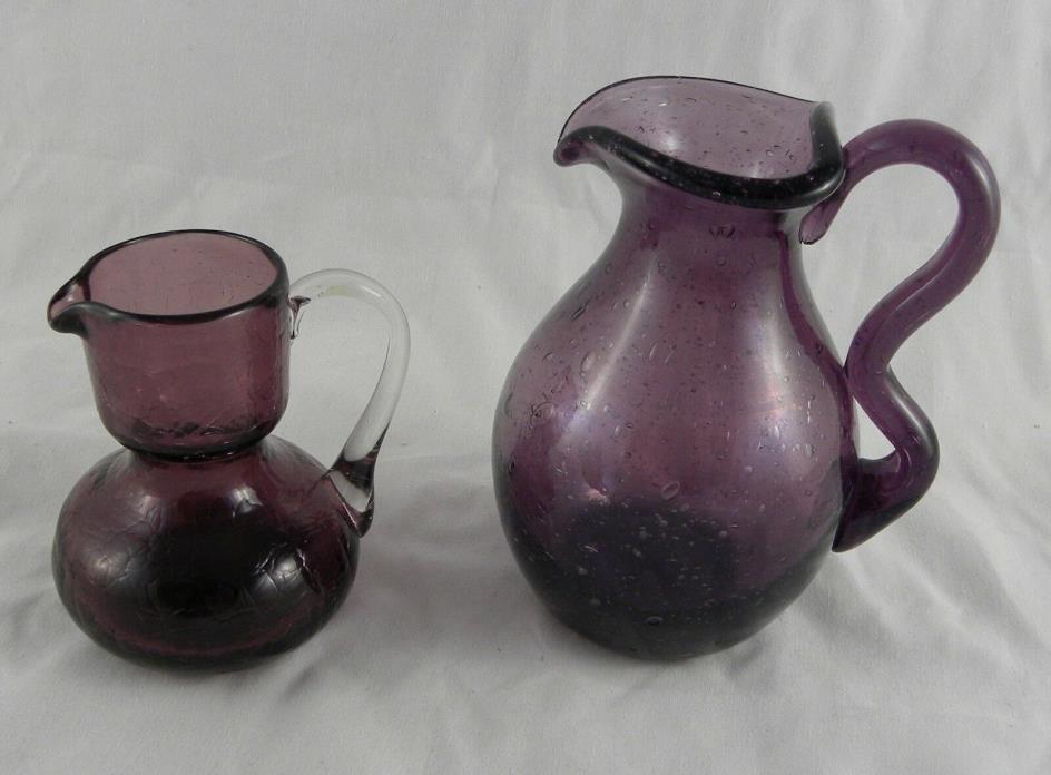 2 Small Vintage Amethyst Purple Glass Creamer Pitchers Crackle Glass