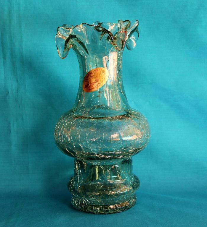 Sunset Hand Blown Crackle Glass Vase Pale Green Ruffled Edge Oklahoma #2