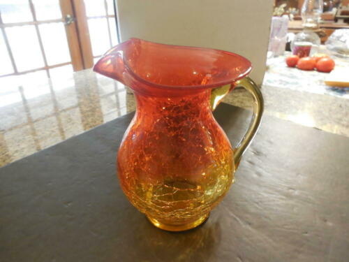 Vintage Large Alberina Crackle Glass Pitcher Applied Clear Handle       ID:31338