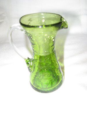 CRACKLE GLASS SMALL PITCHER - OLIVE GREEN - HAND BLOWN