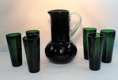 Vintage Hand Blown Emerald Green Crackle Glass Pitcher Set With 6 Glasses Nice!