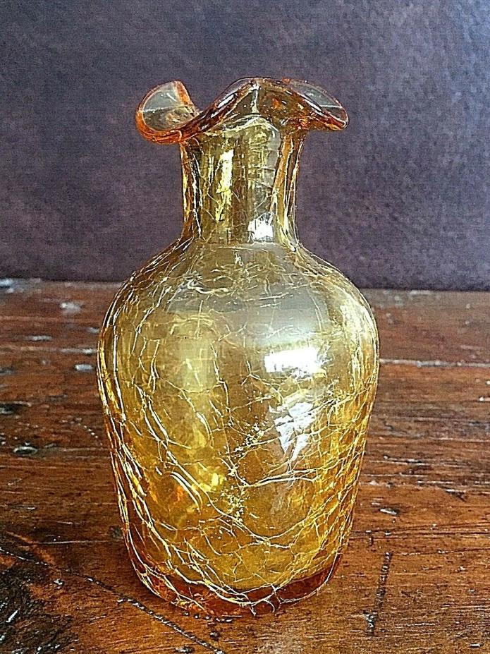 Vintage Mid Century Retro Amber Crackle Glass Vase 5