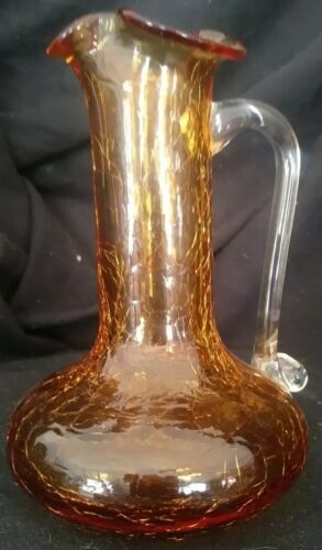 Amber Crackle Glass  Miniature Pitcher with Clear Drop-over Handle