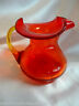 Hand Made Crackle Glass Orange Pitcher with Yellow Handle