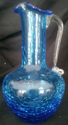 Blue Crackle Glass Miniature Pitcher with Clear Drop-over Handle