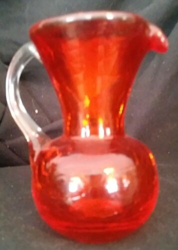 Vintage Crackle Glass Hand Blown Orange Miniature Pitcher With Clear Handle