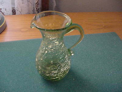Vintage Crackle Glass 5 inch Pitcher, Green, Applied Handle, Pontil
