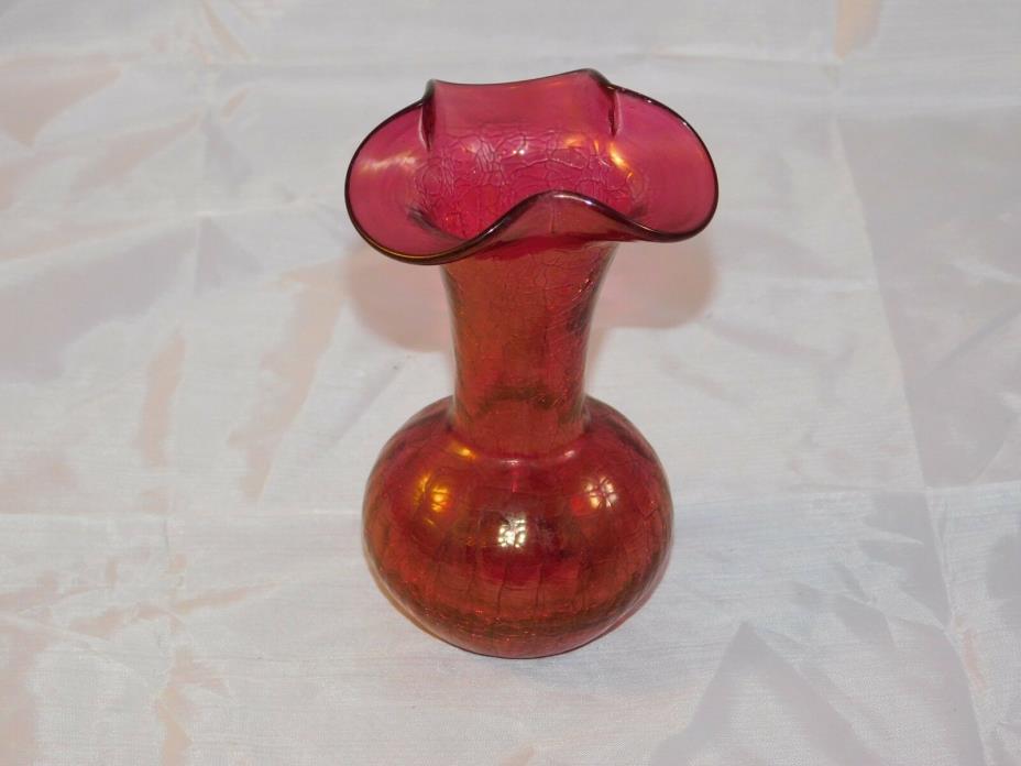 Hand Blown Cranberry Crackle Glass Small  Bud Vase