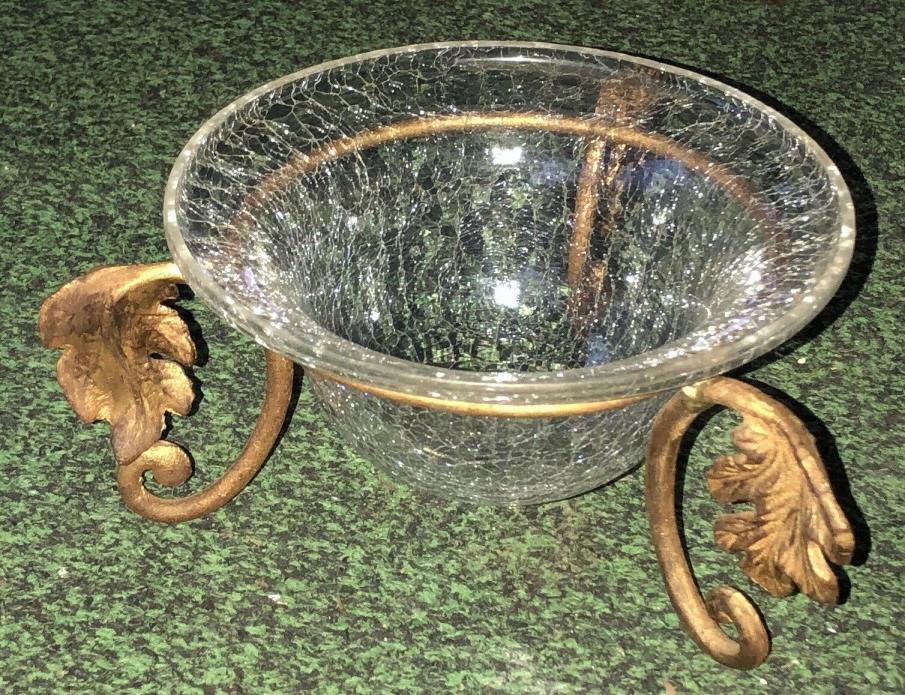 Vintage Large Crackle Glass Bowl w/ Brass 3-Sided Leaf Stand Exquisite!