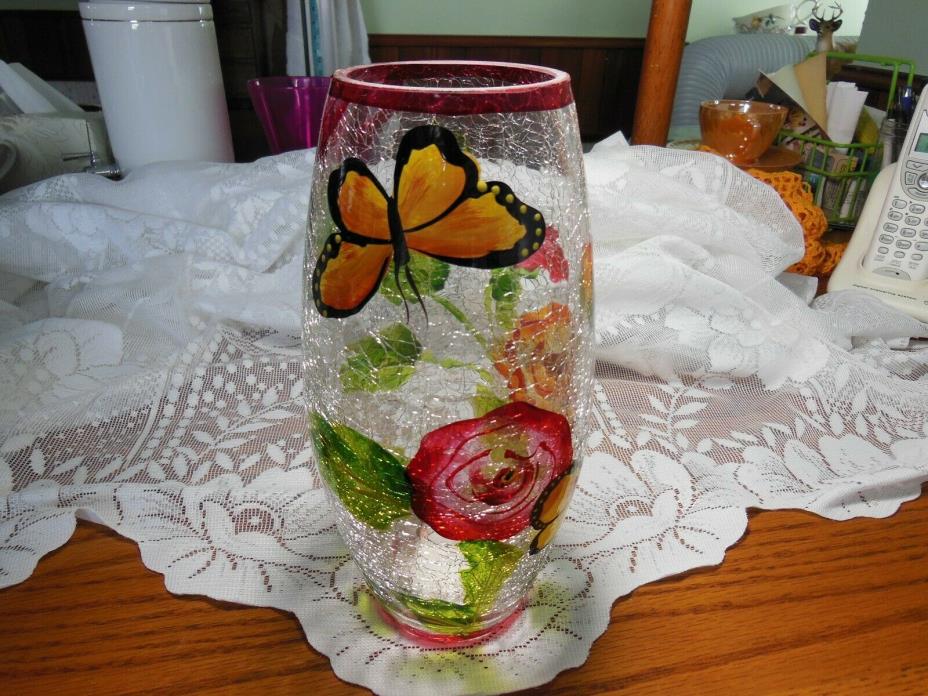 Flowers & Butterflies Vase Clear Crackle Glass  Hand Painted Cylindrical