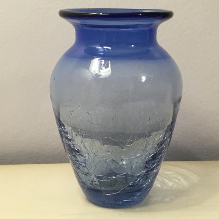 Cobalt Blue Art Glass Crackle Vase Hand Blown Rough Pontil