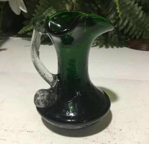 Vintage Art Glass Forest Green Crackle Pitcher 4.4” Tall Clear Handle Hand Blown