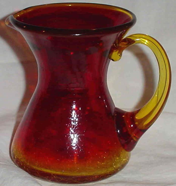 ESTATE AMBERINA RED YELLOW CRACKLE GLASS HAND BLOWN PITCHER /4.5