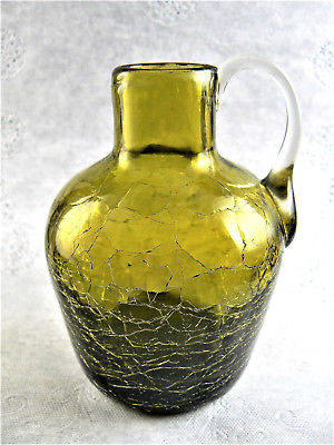 Vintage Olive Green Crackle Glass Mini Pitcher (C13)