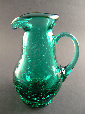Vintage Emerald Green Crackle Glass Mini Pitcher (C13)