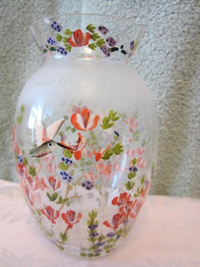Hand Painted Flowers & Hummingbirds Clear Crackle Glass Vase, 