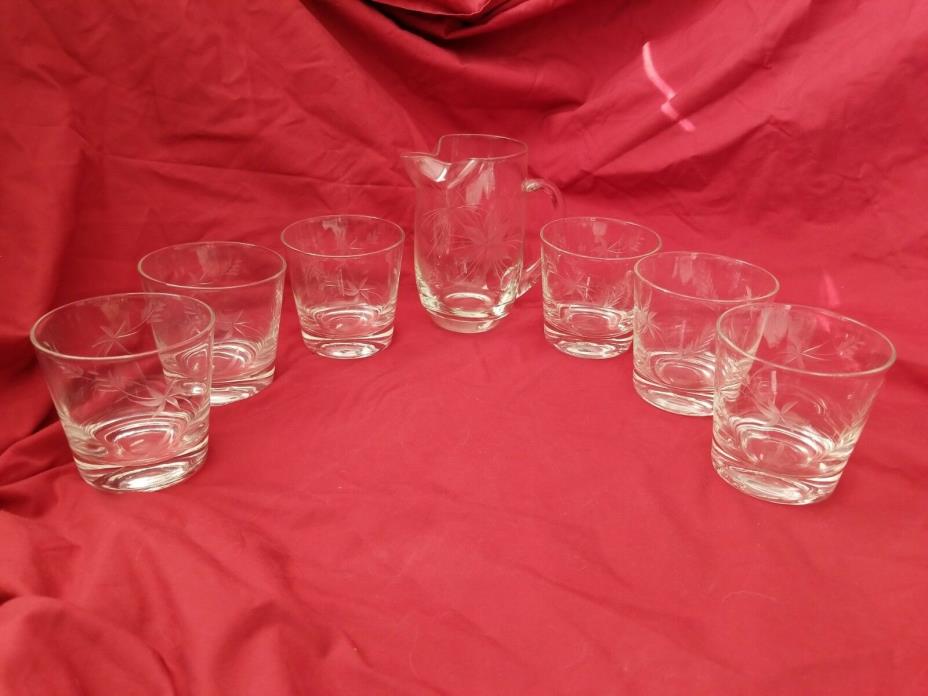 Bohemian Czech Cut Glass Floral Martini Collins Set 6 Rocks Glasses with Pitcher