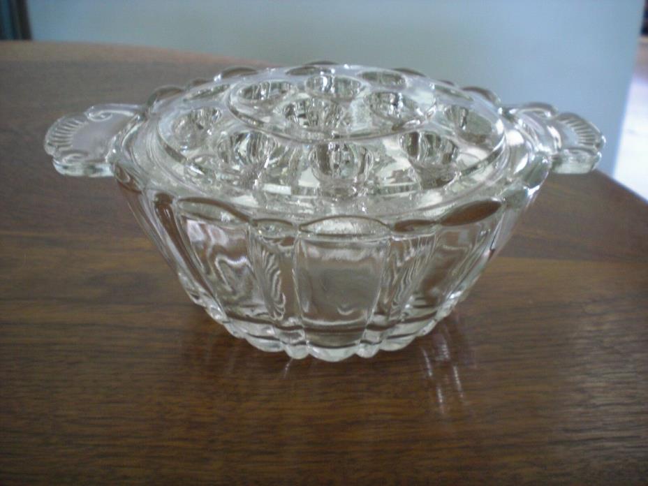 Vintage Flower Frog 16 holes in Ornate Clear Glass Bowl - NICE Condition