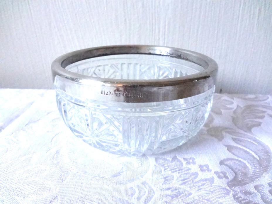Vintage ENGLISH Daisy Cut Glass Silver Edged Serving BOWL Home Dining